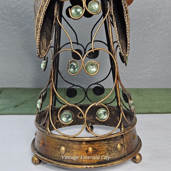 Vtg Metal Filigree Angel Garden Statue 15" Bronze Color Green Glass Taper Decor - Picture 10 of 12